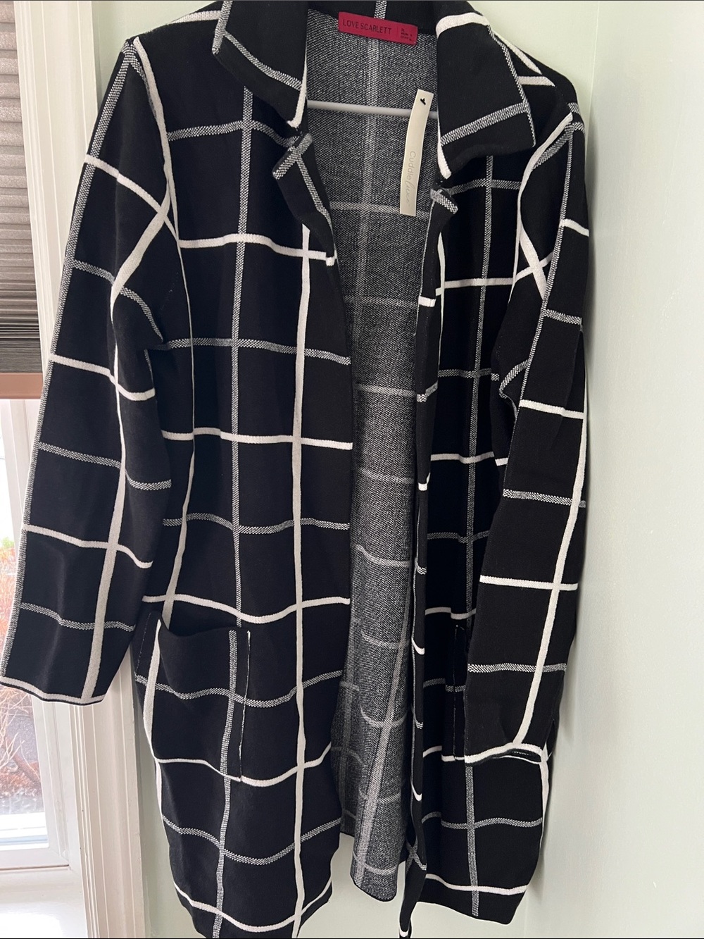 Scarlett Black and White Windowpane Open-Front Trench Coat